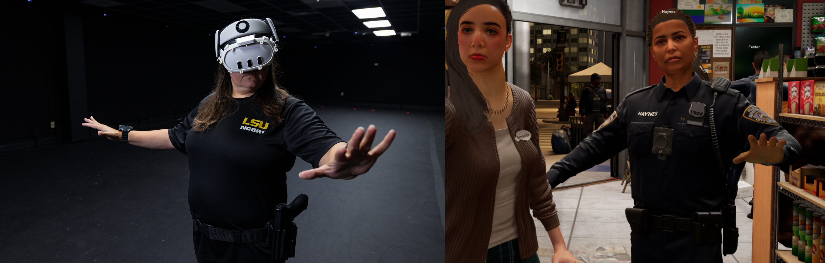 Participant using open-hand positioning in a virtual reality headset alongside a simulated officer and bystander inside a store scenario.